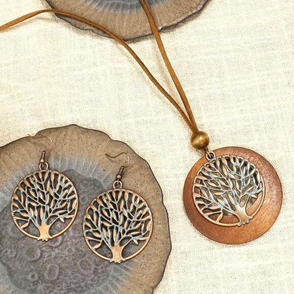 Necklace & Earrings 3pc Set Tree of Life Leather Dangle Boho Hippie Bronzed - Picture 1 of 4